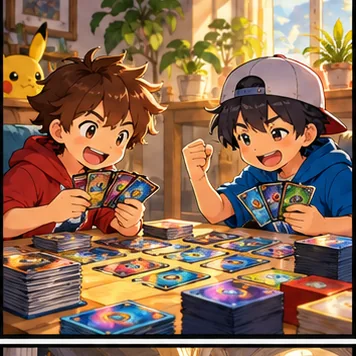 Dos amigos juegan con cartas Pokémon en una mesa